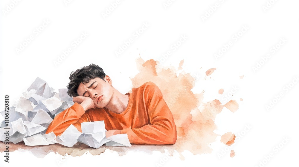 Bankrupt debt assets concepts, A person resting on a desk surrounded by crumpled papers. Bankrupt debt assets concepts, A person resting on a desk surrounded by crumpled papers.