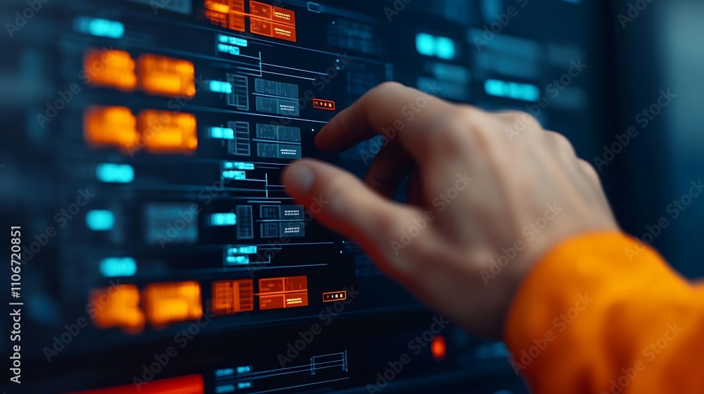 Hand Interacting with Futuristic Interface Displaying Data and Technology Metrics Hand Interacting with Futuristic Interface Displaying Data and Technology Metrics