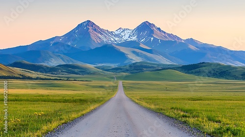 Serene Dirt Road Leading Toward Majestic Snow-Capped Mountains at Sunset