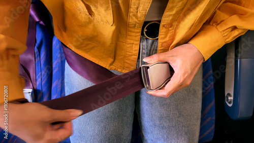 Closeup airplane passenger fastening a purple seatbelt while traveling flight.