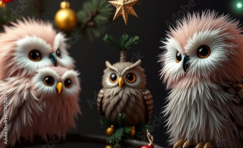 owl christmas Christmas decoration with owls and christmas tree toys on a dark background  animal, decoration, season, bird photo