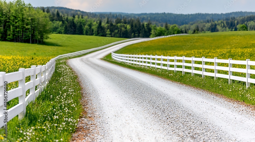 Naklejka premium Serene Gravel Road Through Lush Green Fields Under Clear Blue Sky