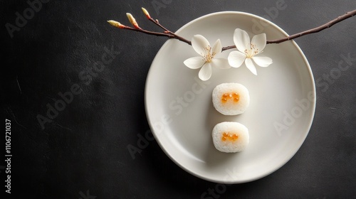 Minimalist flat lay of Japanese sushi rolls, white plates on a dark background, clean and artistic composition 