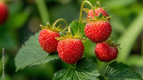 Close-up of ripe wild strawberries on a plant.