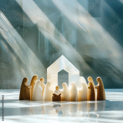 Creating a tranquil scene with simplified sculptural nativity figures in a hazy blurred composition photo