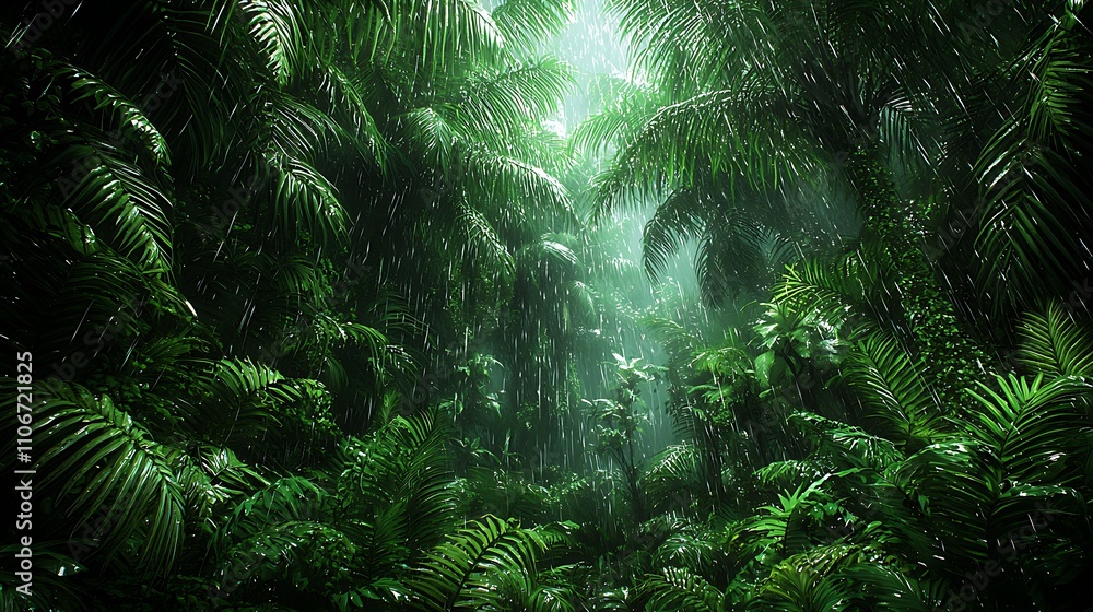 Obraz premium Lush Green Rainforest with Dense Foliage and Rainfall Creating a Tranquil Atmosphere