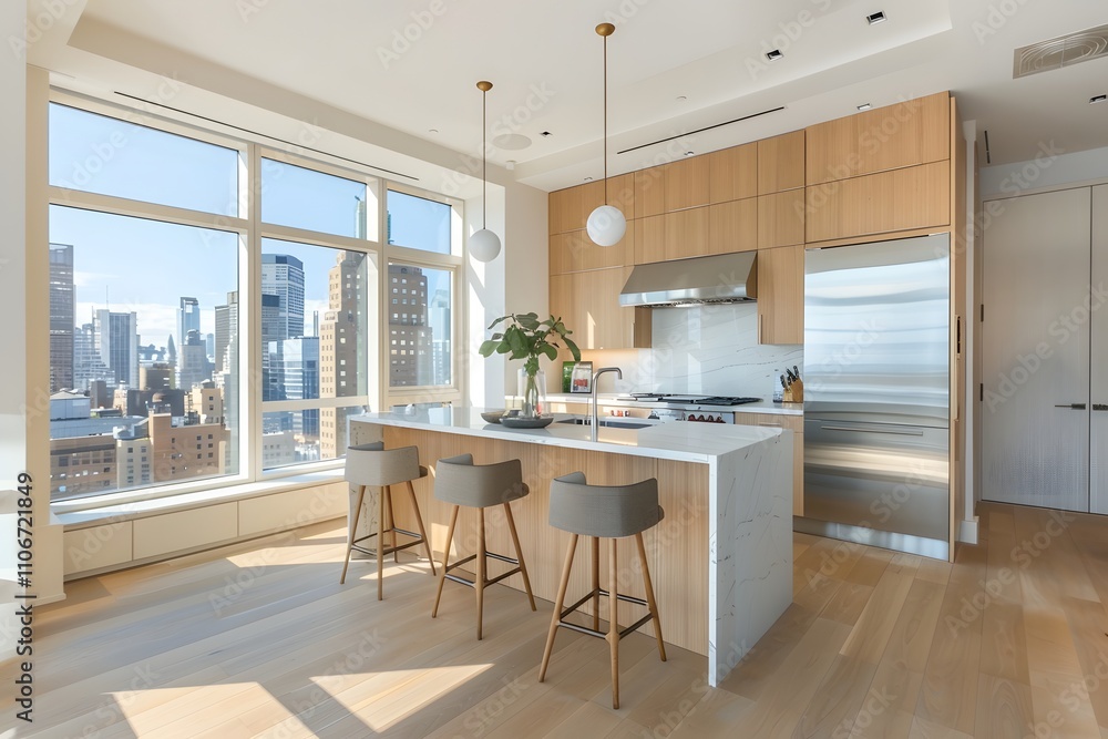Modern kitchen with city views. Light wood cabinets, marble countertops, and three light gray bar stools. Modern kitchen with city views. Light wood cabinets, marble countertops, and three light gray bar stools.