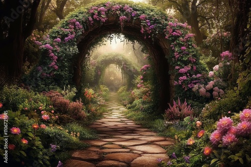 Fototapeta Naklejka Na Ścianę i Meble -  Enchanting Garden Path with Stone Archway Lush Ivy and Colorful Flowers