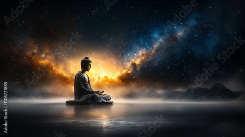 Front view of a meditating Buddha statue, set against a vast universe filled with vibrant stars, intricate details of celestial bodies, cool-tone soft lighting, surreal symmetry, ultra-realistic, 