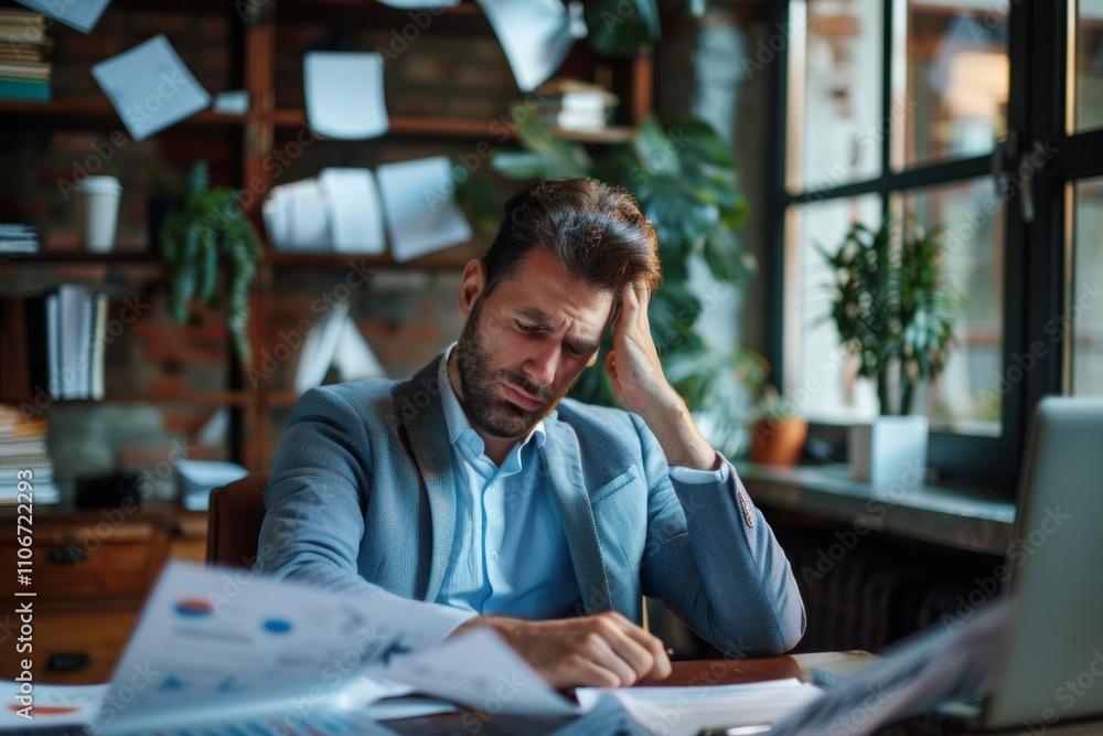 Overwhelmed Businessman Struggling with Paperwork in Busy Office, Feeling Stressed and Tired, Deadline Pressure, Financial Problems Overwhelmed Businessman Struggling with Paperwork in Busy Office, Feeling Stressed and Tired, Deadline Pressure, Financial Problems