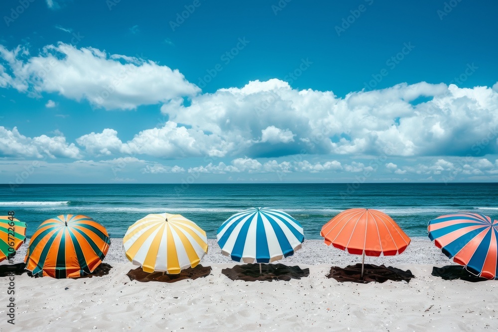 Vibrant Striped Beach Umbrellas Under a Sunny Sky at the Oceanside Vibrant Striped Beach Umbrellas Under a Sunny Sky at the Oceanside