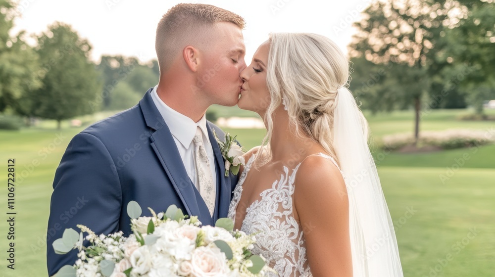 Romantic Wedding Couple Sharing a Sweet Kiss Romantic Wedding Couple Sharing a Sweet Kiss