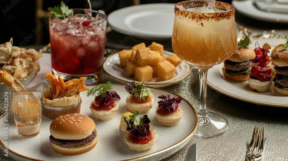 A lavish spread featuring gourmet sliders, appetizers, and elegant cocktails for dining enjoyment. A lavish spread featuring gourmet sliders, appetizers, and elegant cocktails for dining enjoyment.