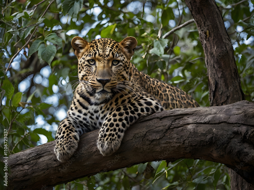 A leopard perched on a tree branch, gazing down into the forest with piercing eyes. A leopard perched on a tree branch, gazing down into the forest with piercing eyes.