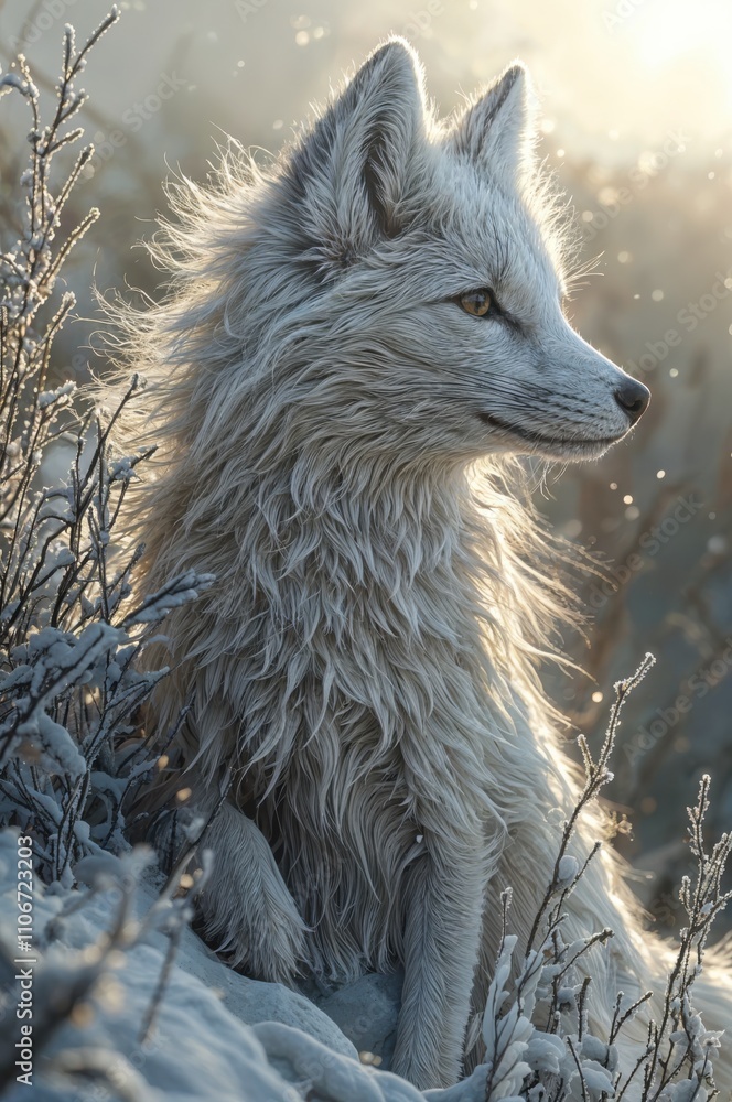 Obraz premium A stunning depiction of an Arctic fox basking in the soft winter sunlight, its thick white fur blending seamlessly with the frosted surroundings 