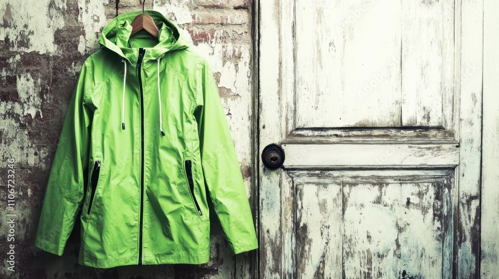 Bright Green Raincoat Hanging on Wooden Background Bright Green Raincoat Hanging on Wooden Background