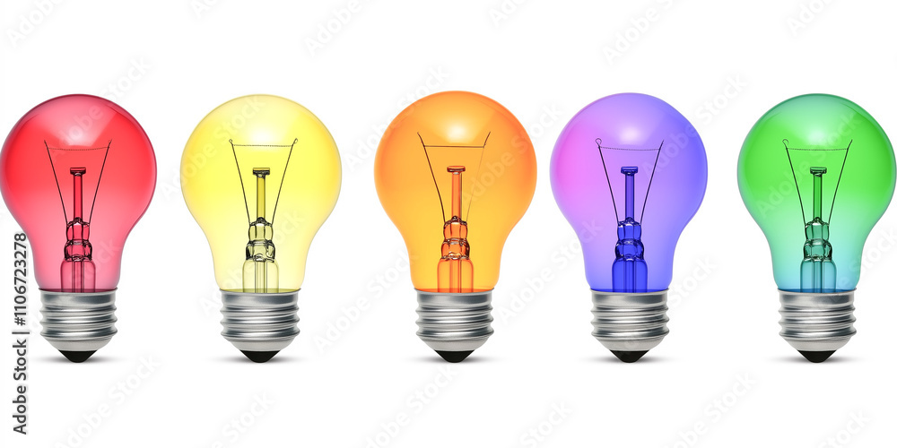 Colorful light bulbs in a row symbolize creativity and innovation on a white background. Colorful light bulbs in a row symbolize creativity and innovation on a white background.