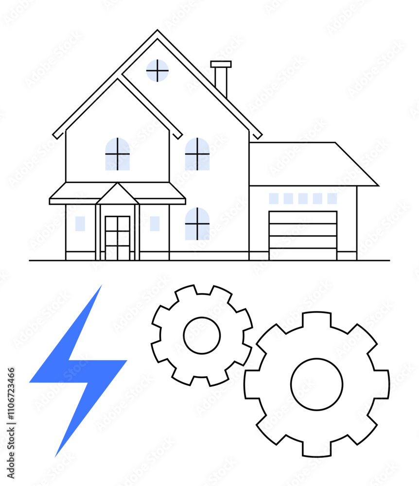 House with multiple windows and a garage, blue lightning bolt, and two gears. Ideal for real estate, home utilities, automation, energy management, engineering, construction residential technology House with multiple windows and a garage, blue lightning bolt, and two gears. Ideal for real estate, home utilities, automation, energy management, engineering, construction residential technology