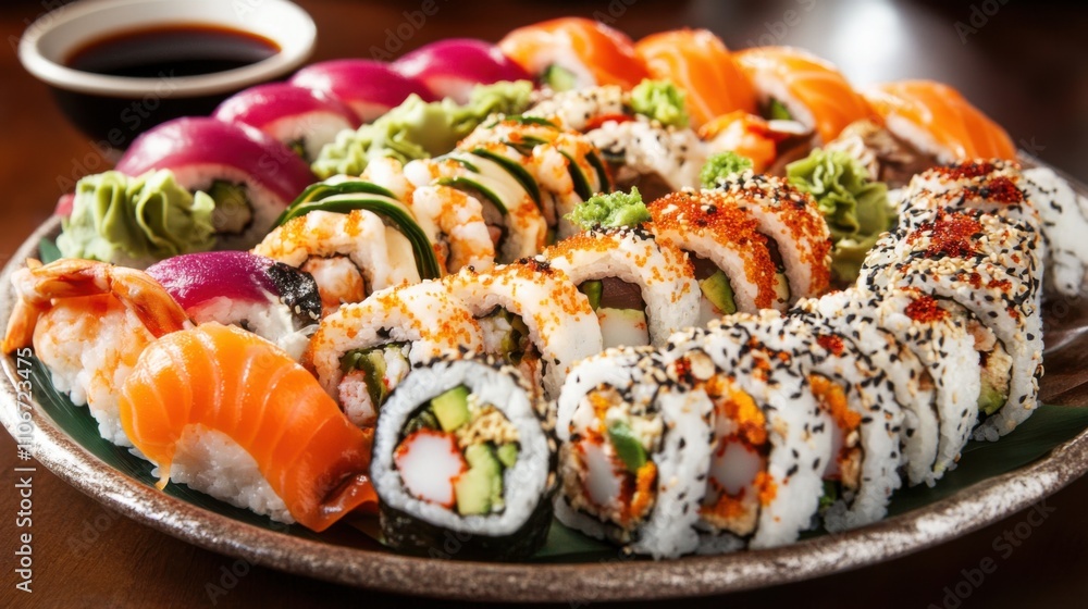 A tantalizing platter of assorted sushi rolls featuring tuna, salmon, shrimp A tantalizing platter of assorted sushi rolls featuring tuna, salmon, shrimp