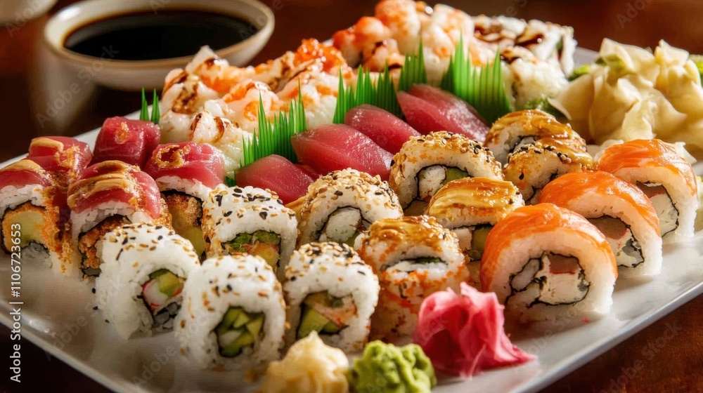 A tantalizing platter of assorted sushi rolls featuring tuna, salmon, shrimp A tantalizing platter of assorted sushi rolls featuring tuna, salmon, shrimp
