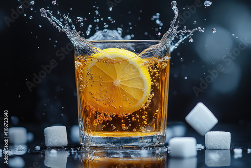 Glass of whiskey with ice and lemon on a wooden table.