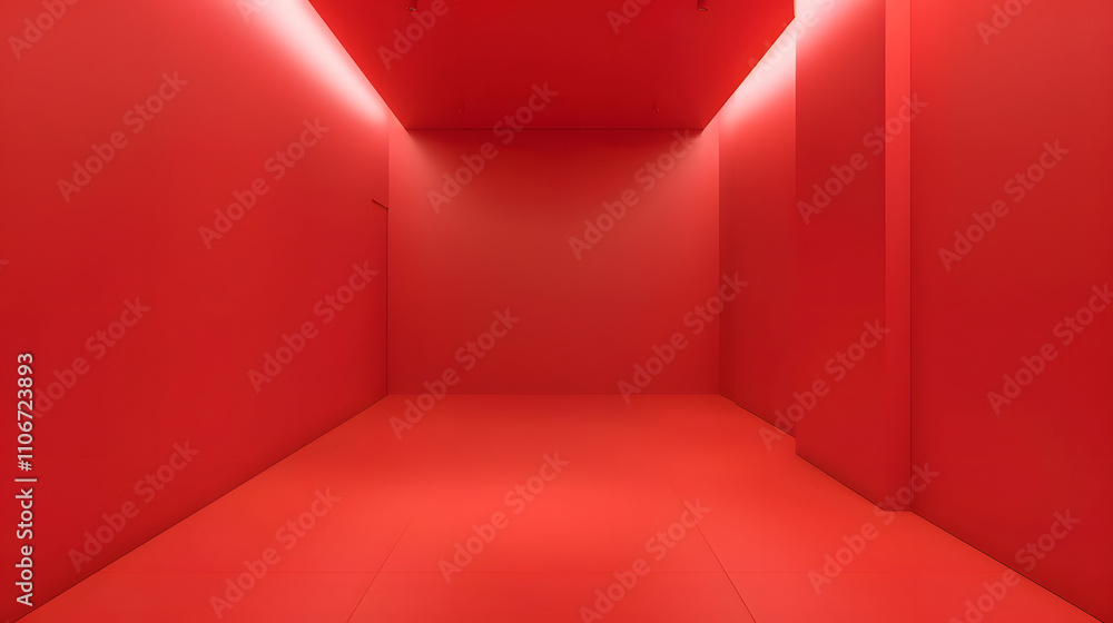 Fototapeta premium A minimalist red room with illuminated walls and floor, creating an immersive environment.
