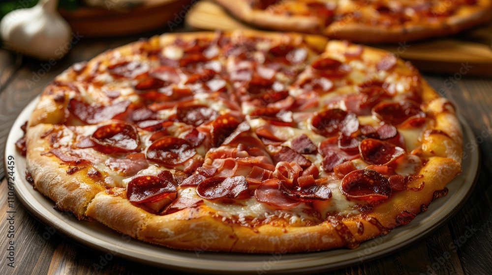 Tasty meat pizza with bacon, pepperoni, and cheese on a plate Tasty meat pizza with bacon, pepperoni, and cheese on a plate