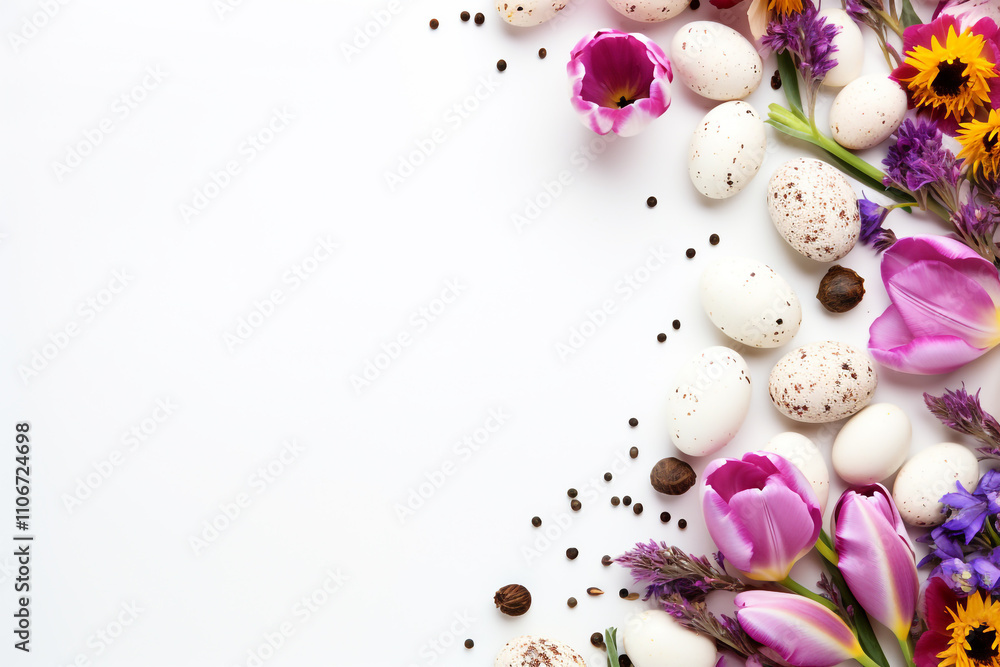 Easter quail eggs and springtime flowers over white background Easter quail eggs and springtime flowers over white background