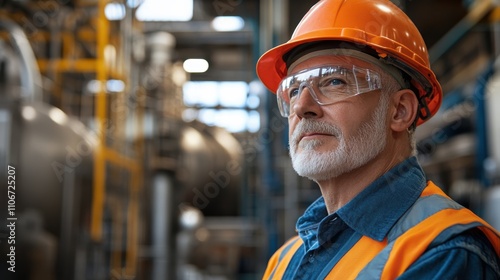 Senior factory worker wearing safety gear, thoughtfully looking away. Illustrates industrial safety, experience, and manufacturing processes.