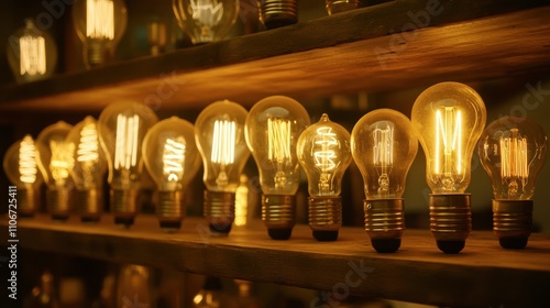 Vintage Light Bulbs on Wooden Shelf Display photo