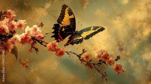 Vibrant Butterfly Resting on Blooming Flower Branch photo