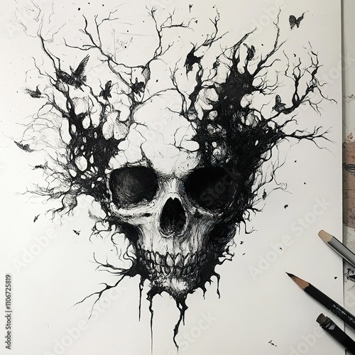 Dark Fantasy Skull Ink Drawing: A Surreal and Mystical Art photo