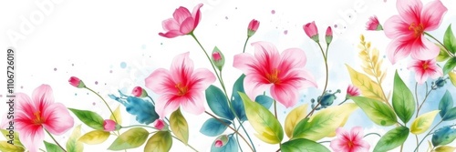 watercolor painting of leaves, flowers on white background with pink, blue splash, generative ai, flowers, watercolor