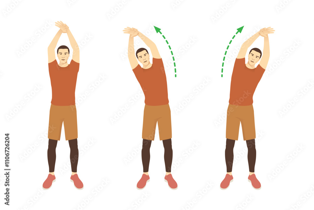 Man doing Standing Side Stretch for Rehabilitation and Flexibility with raise arms overhead and move body into a side bend. Man doing Standing Side Stretch for Rehabilitation and Flexibility with raise arms overhead and move body into a side bend.