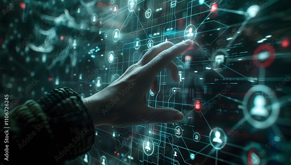 A hand reaches out to touch a futuristic, digital interface filled with glowing nodes and connections. Teal and black color scheme. Abstract technology concept. A hand reaches out to touch a futuristic, digital interface filled with glowing nodes and connections. Teal and black color scheme. Abstract technology concept.