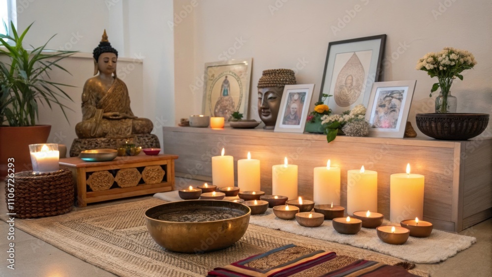 An inviting altar displaying a collection of candles photographs and sacred objects creating a peaceful space for meditation and practice. An inviting altar displaying a collection of candles photographs and sacred objects creating a peaceful space for meditation and practice.