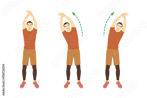 Man doing Standing Side Stretch for Rehabilitation and Flexibility with raise arms overhead and move body into a side bend.
