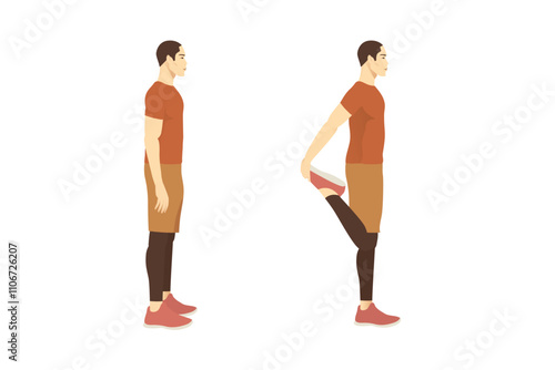 Man bend his knee by grasping the ankle with one hand, moving foot toward his buttocks. Stretch Exercise with Standing Quadriceps Stretch. Illustration about exercise diagram.