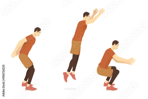 Man doing exercise in standing long jumping postures. Illustration about step by step of fitness pose for good exercise.
