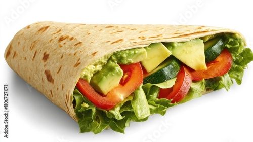 Delicious vegetarian crepe filled with avocado, tomato, cucumber, and lettuce.