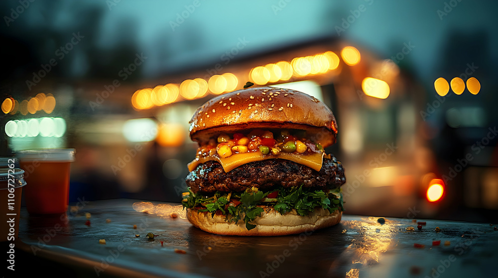 Juicy Gourmet Burger with Corn Salsa, Cheese, and Fresh Herbs on a Rustic Table at Night Juicy Gourmet Burger with Corn Salsa, Cheese, and Fresh Herbs on a Rustic Table at Night