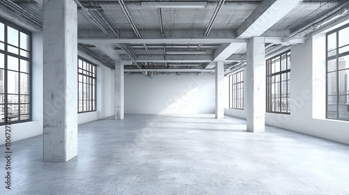 Spacious industrial loft interior design with large windows and concrete pillars showcasing a minimalist aesthetic.