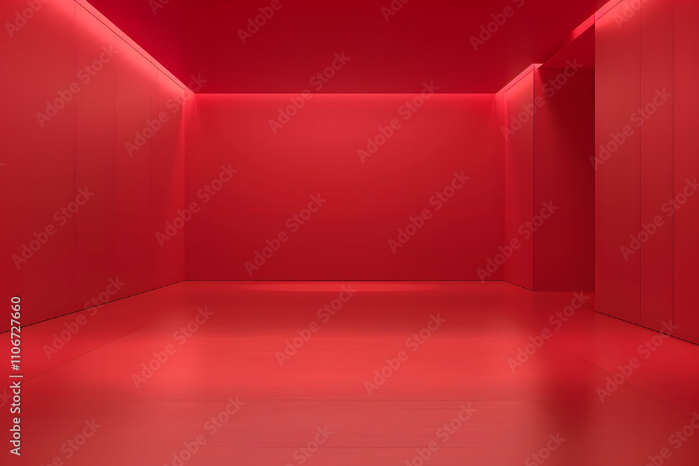 A minimalistic red room with smooth surfaces and ambient lighting, creating a vibrant atmosphere. A minimalistic red room with smooth surfaces and ambient lighting, creating a vibrant atmosphere.
