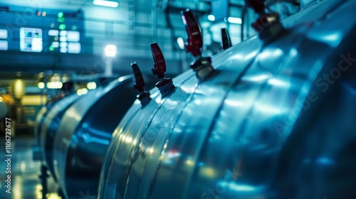 Close-up of sleek metallic nuclear payload container in modern control room, showcasing high-tech security and precision in nuclear operations. 