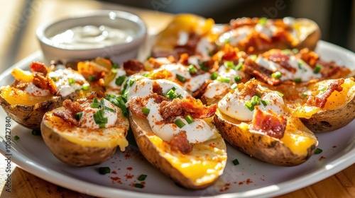 A tantalizing platter of loaded potato skins stuffed with cheese, bacon, sour cream