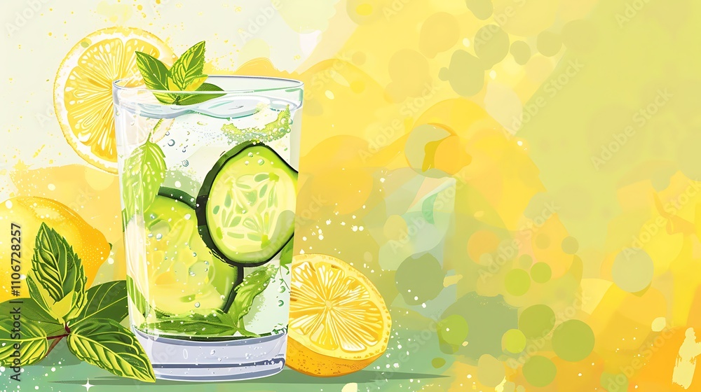 Glass of cucumber lemonade with mint on colorful background Glass of cucumber lemonade with mint on colorful background