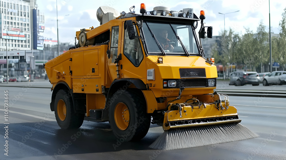 Yellow Street Sweeper Cleaning City Roads Yellow Street Sweeper Cleaning City Roads