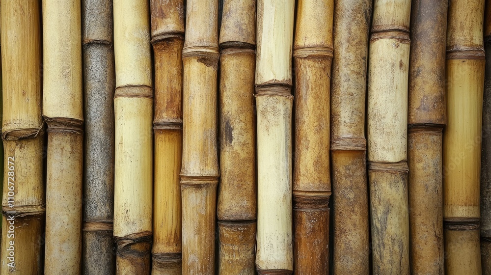 A close-up view of bamboo stalks arranged side by side, showcasing their natural textures and colors. A close-up view of bamboo stalks arranged side by side, showcasing their natural textures and colors.