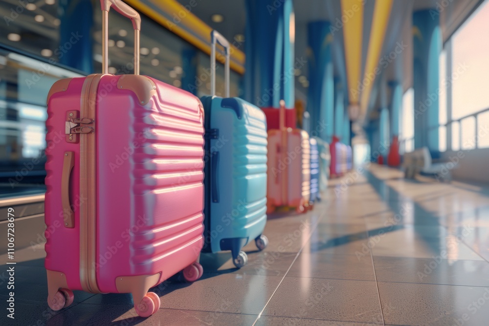 Vibrant Suitcases Await Departure at Airport Terminal Vibrant Suitcases Await Departure at Airport Terminal