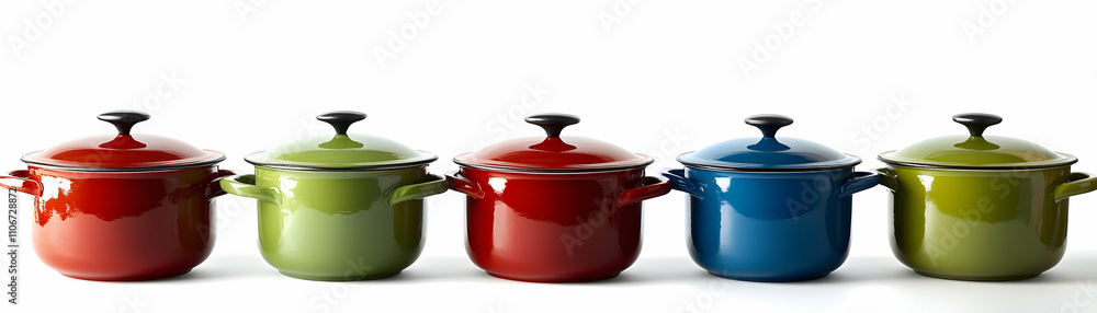 Colorful Enamel Pots Arranged on White Background Colorful Enamel Pots Arranged on White Background